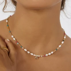 Beaded Gemstone and Pearl Initial Necklace