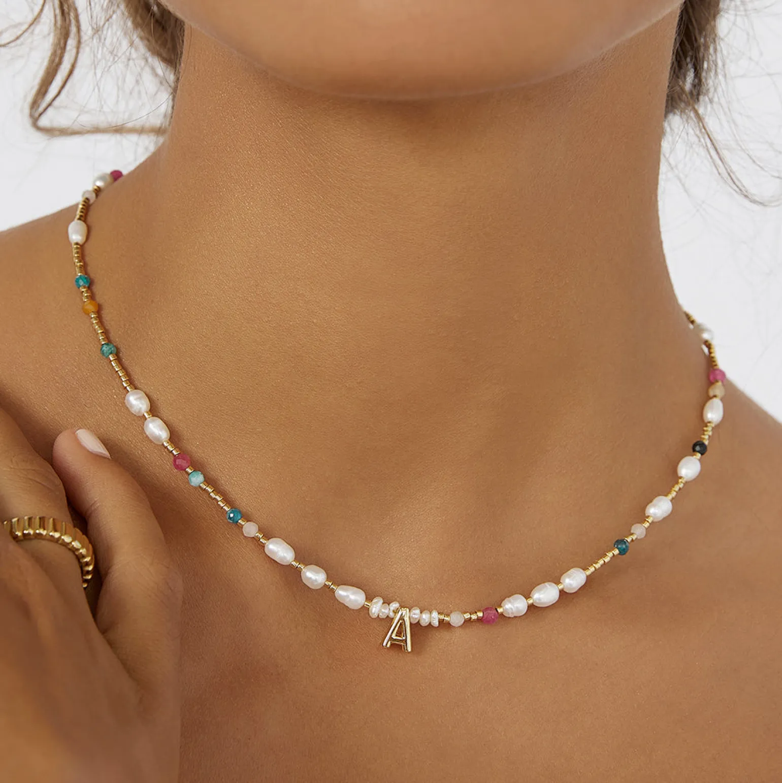 Beaded Gemstone and Pearl Initial Necklace