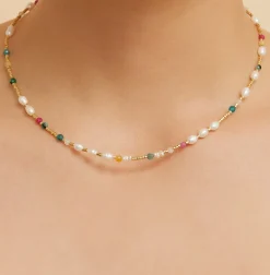Clover Gemstone and Pearl Necklace